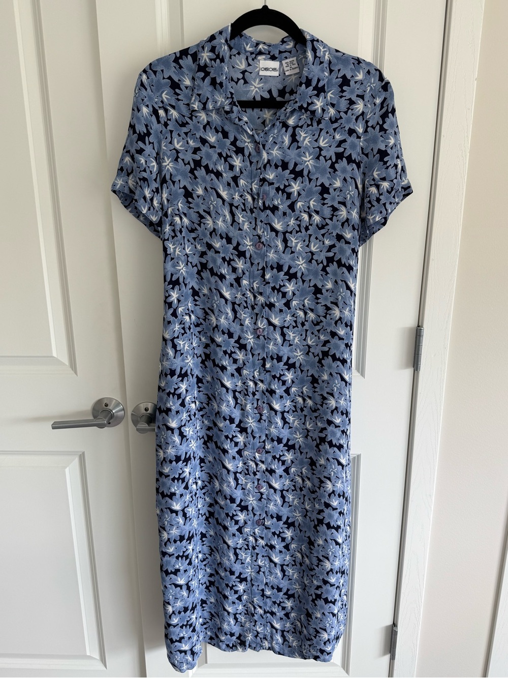 Vintage Cherokee Blue and White Floral Short-Sleeve Maxi Dress